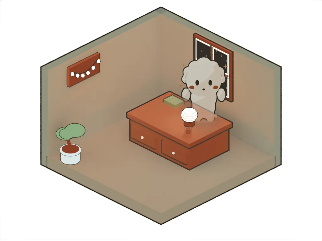 The same room settled in and warm: a painted wall, rain on the window, a small tree, a lit lamp, and the character at work.