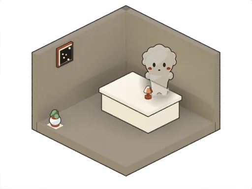The same room with a few things in it now: a picture on the wall, a plant on the floor, a lamp on the desk.